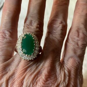 Stunning Elegant Emerald Green & High-Grade CZs Gemstone Silver Ring Sz 6.5 or 7